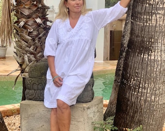 Handmade White Cotton Tunic Dress: Embroidered Ibiza Boho Beach Cover-Up