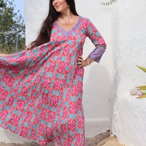 Plus size boho maxi dress made in handmade block print in fresh Mediterranean blue and white organic cotton image 1