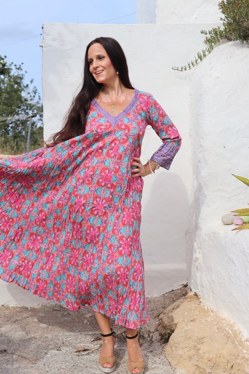 Plus size boho maxi dress made in handmade block print in fresh Mediterranean blue and white organic cotton image 1