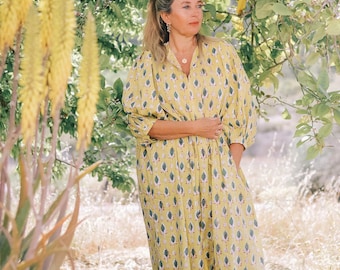 Yellow trendy boho fashion, maxi long bohemian dress made in hand block printed cotton , sunflower print,plus size boho flower dress,
