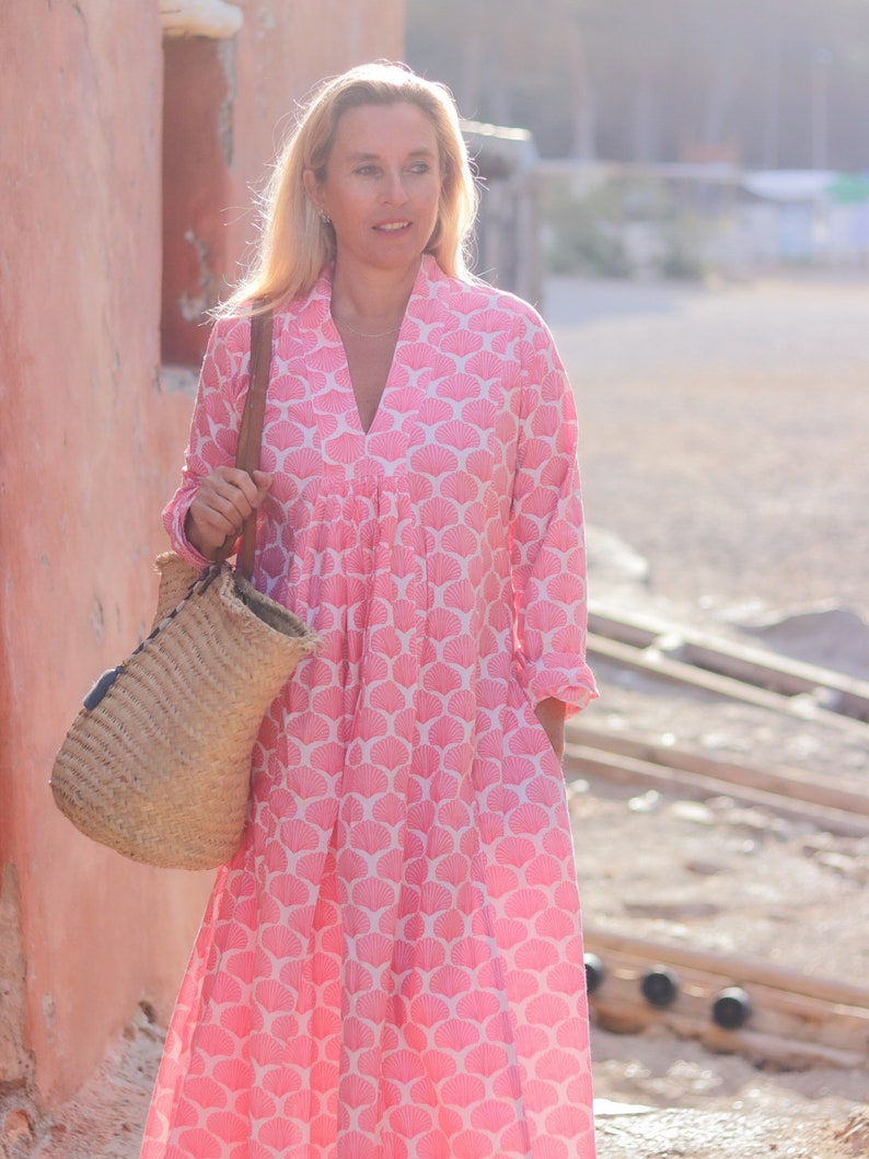 Beach pink white boho cotton kaftan image 1