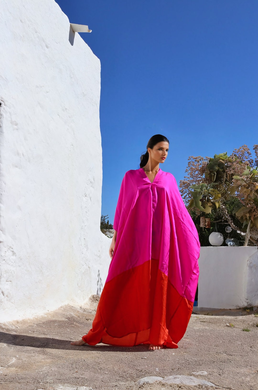La Riviera Printed Long Kaftan Dress - Pink & Multicolor