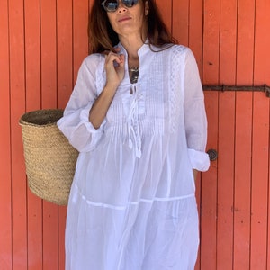 White pleaded  Cotton Tunic , loose fit / hand embroidery / resortwear / white blouse / white dress , holiday clothe , beach wear ,Ibiza top