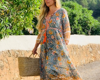 Maxi  Summer Boho Dress in joyful sun flower hand block cotton- all sizes