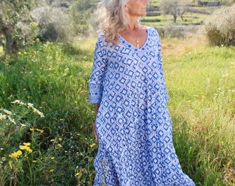 Plus size boho maxi dress made in handmade block print in fresh Mediterranean blue and white organic cotton