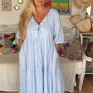 Boho blue maxi dress ,long dress finest muslin cotton with hand embroidery, plus-size summer dress , resortwear, cruise , holiday dress image 2