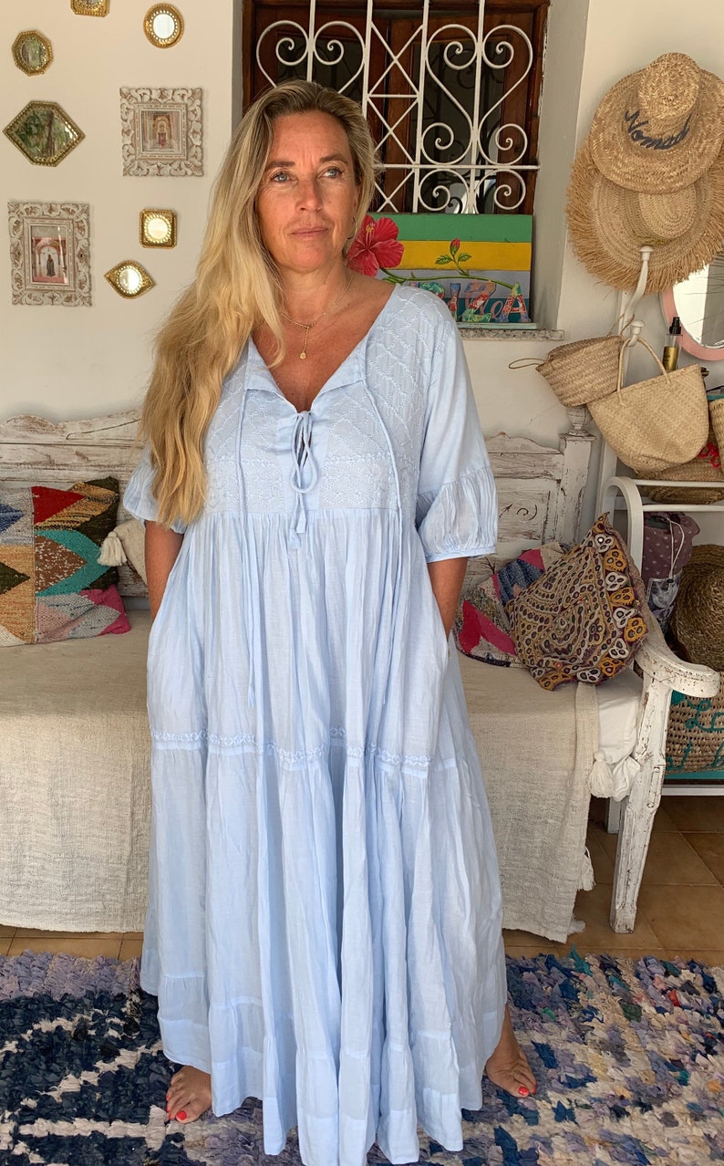 Boho blue maxi dress ,long dress finest muslin cotton with hand embroidery, plus-size summer dress , resortwear, cruise , holiday dress image 2