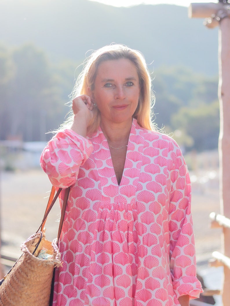 Beach pink white boho cotton kaftan image 2