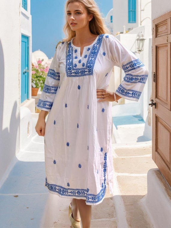 white cotton dress with blue embroidery Summer White Navy Blue Marrakech Tunic Dress,loungewear, resortwear, bohemian clothing,embroidery top,beach top,gift for hers,holiday,