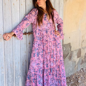 Bohemian flower printed maxi boho dress ,cotton tunica , beach fashion , resort wear ,Ibiza fashion , hippie chic, pink maxi dress ,tunic image 5