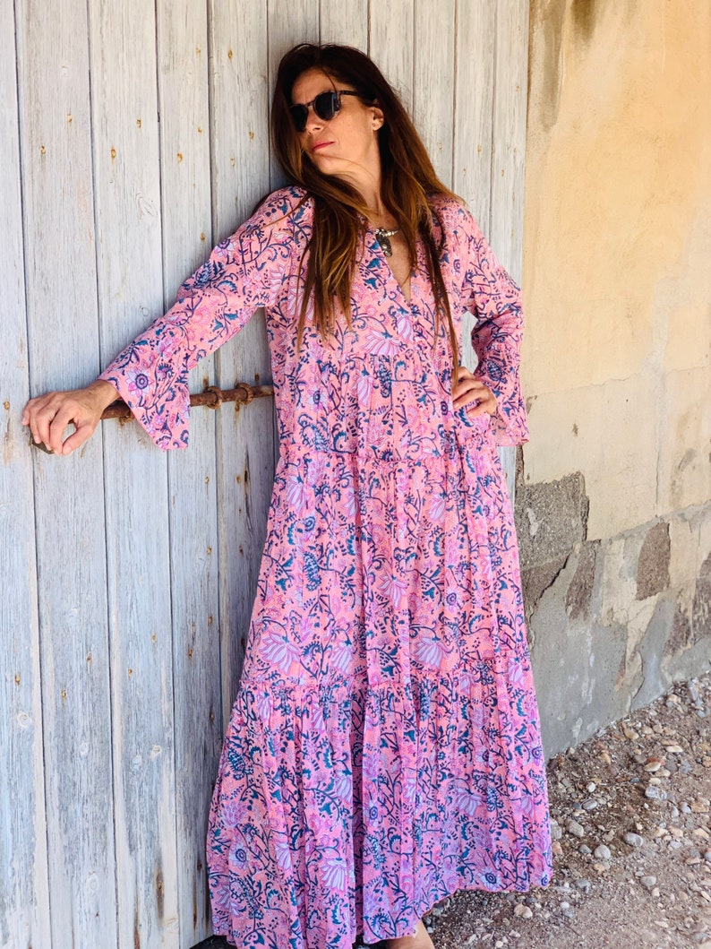 Bohemian flower printed maxi boho dress ,cotton tunica , beach fashion , resort wear ,Ibiza fashion , hippie chic, pink maxi dress ,tunic image 5