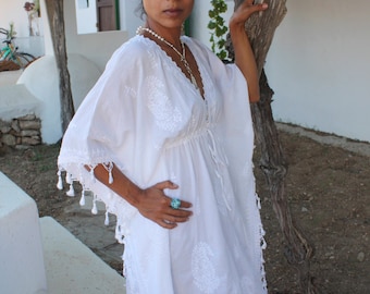 White Cotton Kaftan Dress: Hand Embroidered Ibiza Resortwear