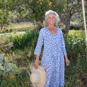 Plus size boho maxi dress kaftan , made in handmade block print in blue and white print image 8