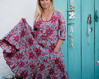 Romantic feminine floral  bohemian dress , hand block printed  , plus size boho dress , flower power hippy dress ,sun dress for all ages