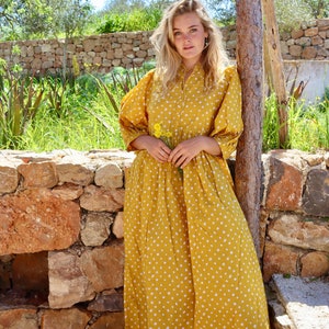 Yellow style boho beach fashion,maxi long bohemian dress made in hand block printed cotton ,sun flower print,plus size boho flower dress, image 1