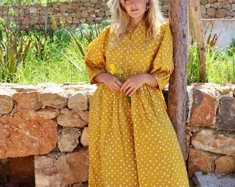 Hand Block Printed Cotton Maxi Dress: Yellow Boho Sunflower Print