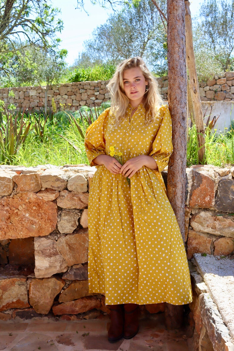 Yellow style boho beach fashion,maxi long bohemian dress made in hand block printed cotton ,sun flower print,plus size boho flower dress, image 1