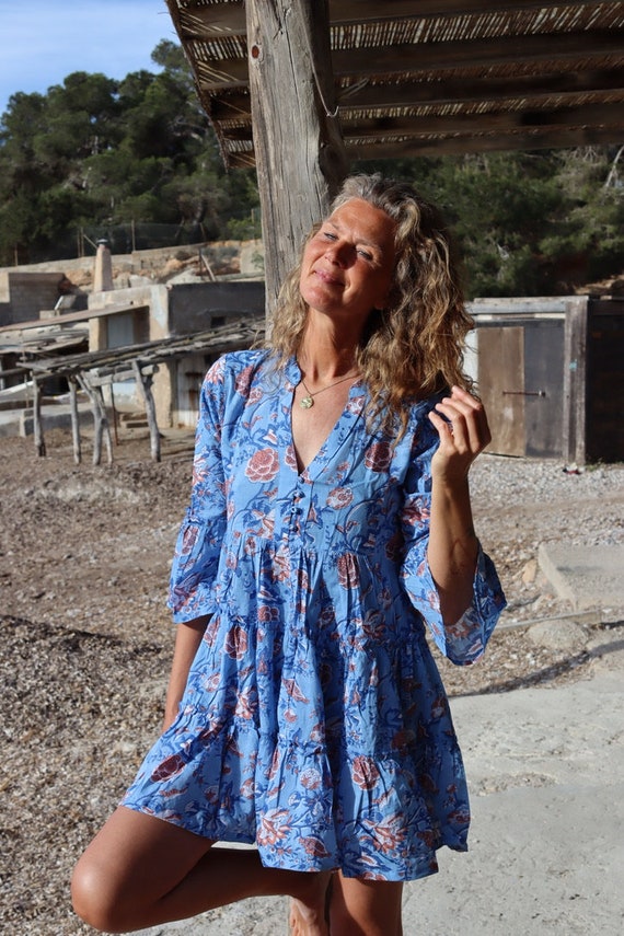 Tuniek boho jurk in blauw en wit Ibiza hippie tunica jurk plus size boho kleding strandkleding vakantiekleding. Ibiza jurk Etsy Nederland