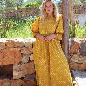 Yellow style boho beach fashion,maxi long bohemian dress made in hand block printed cotton ,sun flower print,plus size boho flower dress, image 8