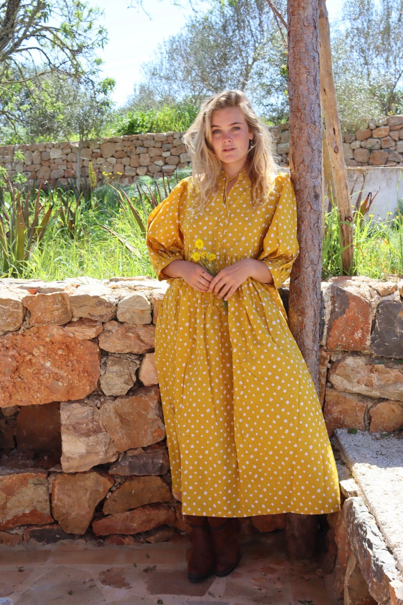 Yellow style boho beach fashion,maxi long bohemian dress made in hand block printed cotton ,sun flower print,plus size boho flower dress, image 8