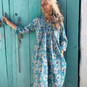 Turquoise bohemian  hand block printed blouse  , pleated boho tunic , boho tunica ,slow fashion blouse, Plus size woman cloth , woman 50