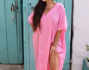 pink free size kaftan Boho summer dress, rosa long kaftan dress, beach sun  , plus size dress,    hand block printed kaftan dress