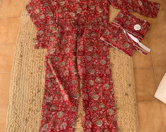 Ensemble pyjama imprimés de blocs de main floraux en coton biologique / cadeau parfait / fête pyjama, enterrement de vie de jeune fille dormir sur pj, vêtements de maison confortables