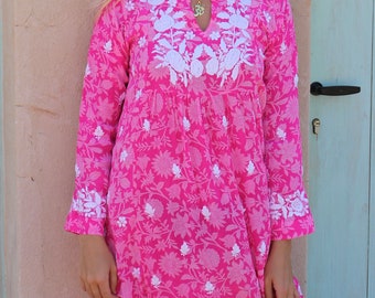 Resort wear  Silk chiffon dress in pink paisley   design with amazing chikan hand embroidery, pink silk dream dress , cruise , party dress