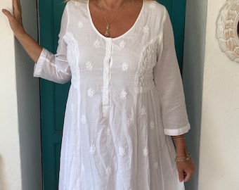 White Cotton Dress: Boho Ibiza Style with Hand Embroidery