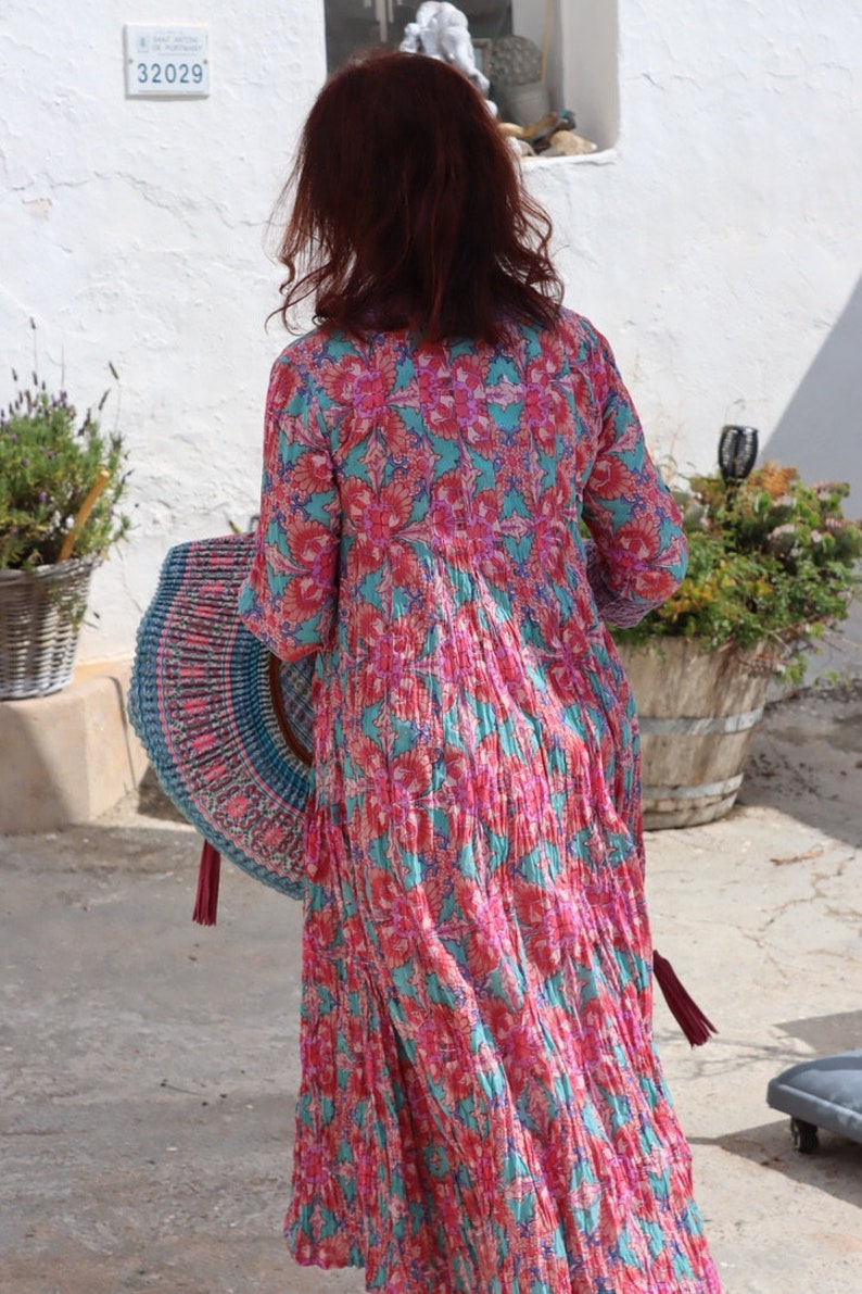 Plus size boho maxi dress made in handmade block print in fresh Mediterranean blue and white organic cotton image 5