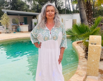White Boho Dress: Organic Cotton Hand-Embroidered Ibiza Style