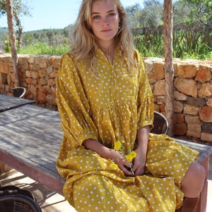 Yellow style boho beach fashion,maxi long bohemian dress made in hand block printed cotton ,sun flower print,plus size boho flower dress, image 2