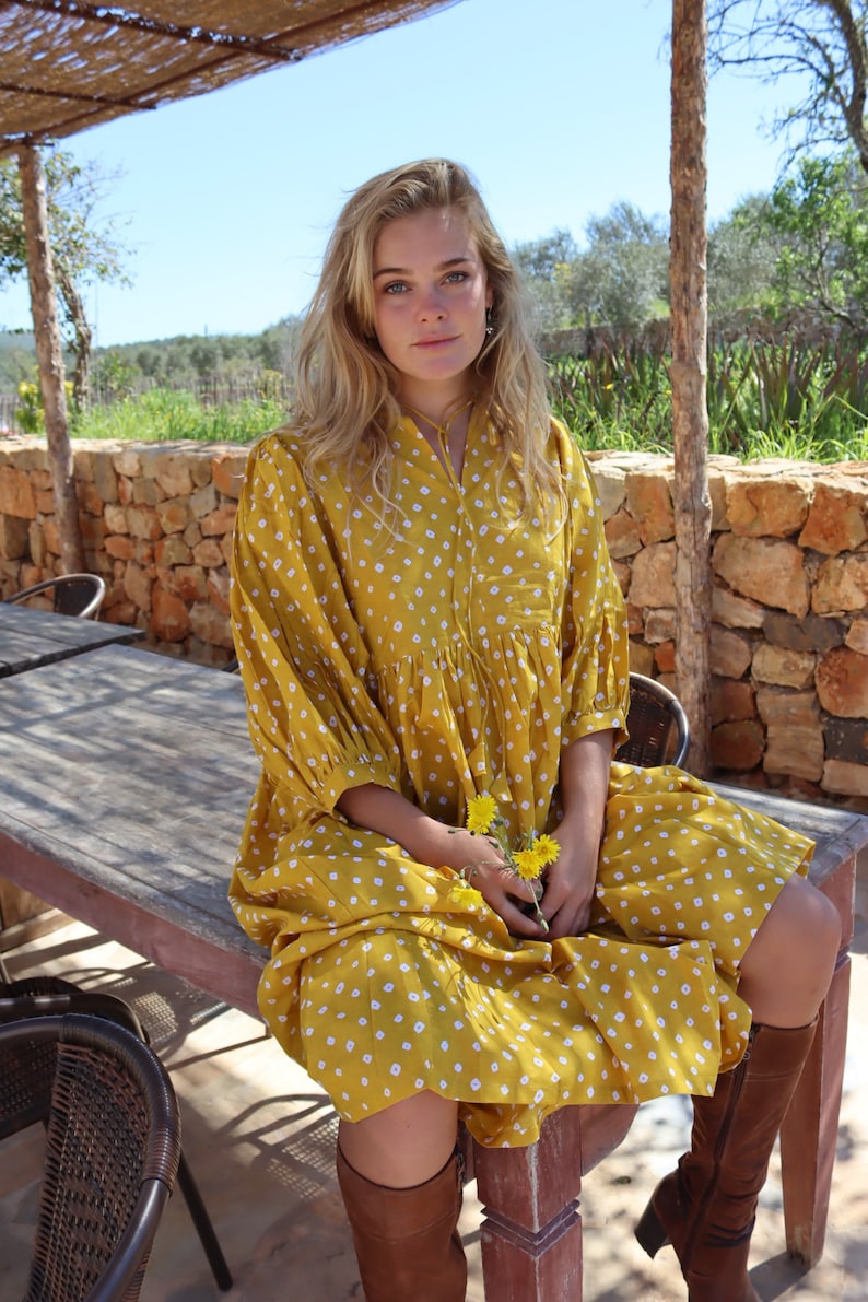 Yellow style boho beach fashion,maxi long bohemian dress made in hand block printed cotton ,sun flower print,plus size boho flower dress, image 2