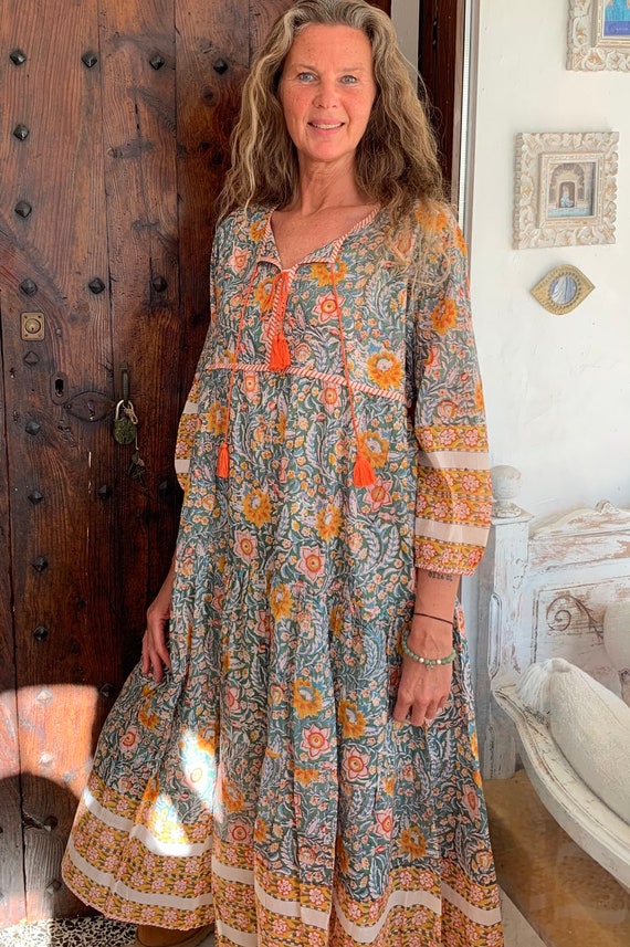 Ibiza Boho Hippie Summer Maxi Flower Dress Made With Hand Block