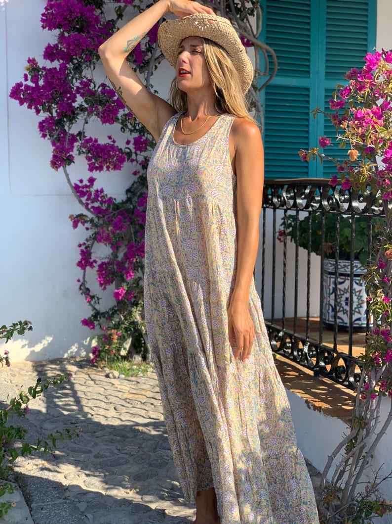 Sun Dress Sleeveless in a softie yellow flower block print Etsy