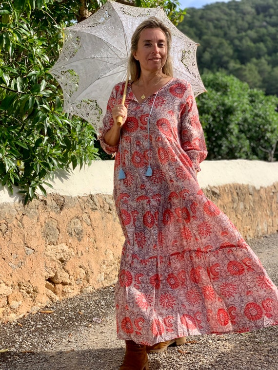 Buy Ibiza Style Boho Beach Fashion,maxi Long Bohemian Dress Made in Hand  Block Printed Cotton ,sun Flower Print,plus Size Boho Flower Dress, Online  in India 