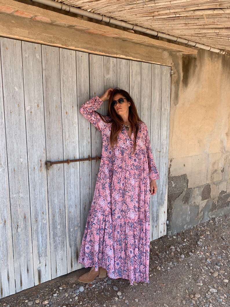 Bohemian flower printed maxi boho dress ,cotton tunica , beach fashion , resort wear ,Ibiza fashion , hippie chic, pink maxi dress ,tunic image 4