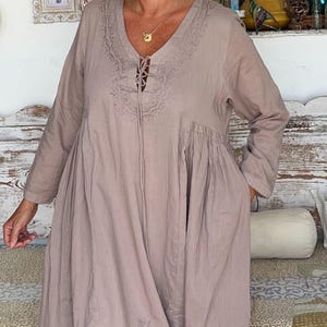 Light  brown Boho dress, Ibiza dress in   finest organic cotton with hand embroidery, plus-size white dress, resortwear, holiday dress