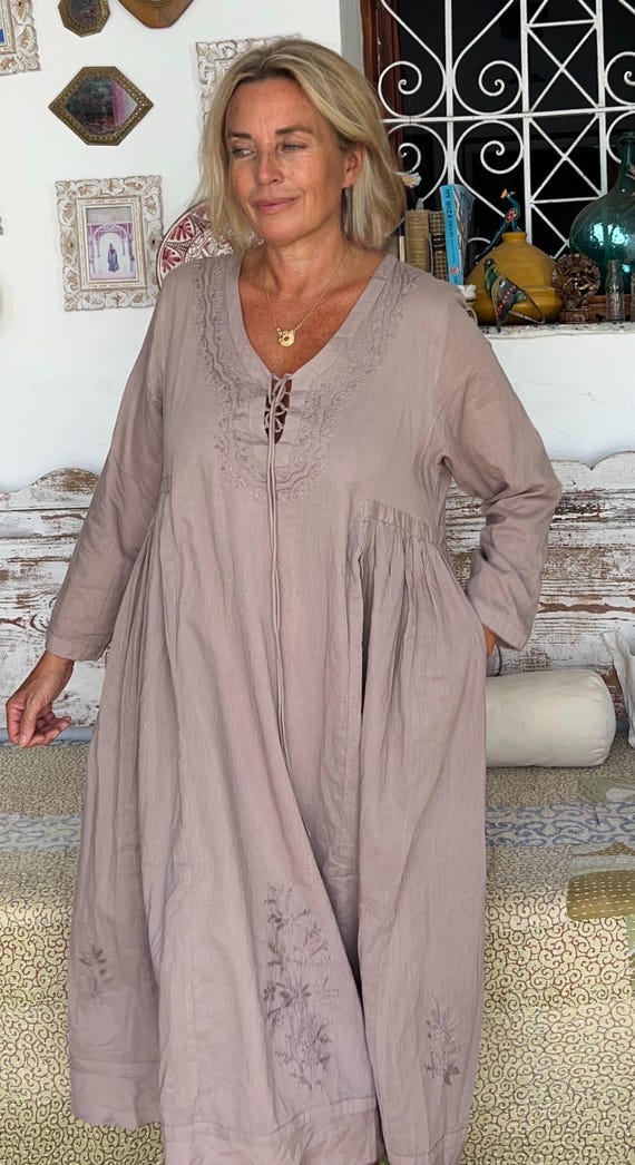Light brown Boho dress, Ibiza dress in finest organic cotton with hand  embroidery, plus-size white dress, resortwear, holiday dress