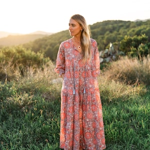 Boho Dress in joyful sunflower hand block print , organic soft cotton all sizes image 9