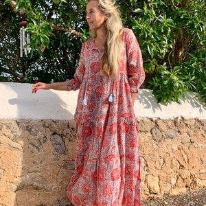 Boho Dress in joyful sunflower hand block print , organic soft cotton all sizes image 4