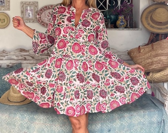 Floral Block Print Tunic Dress: Organic Cotton Boho Style