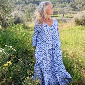 Plus size boho maxi dress  kaftan , made in handmade block print in blue and white  print