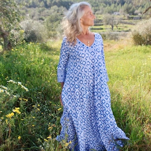 Plus size boho maxi dress kaftan , made in handmade block print in blue and white print image 1