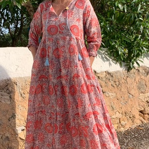 Boho Dress in joyful sunflower hand block print , organic soft cotton all sizes image 7