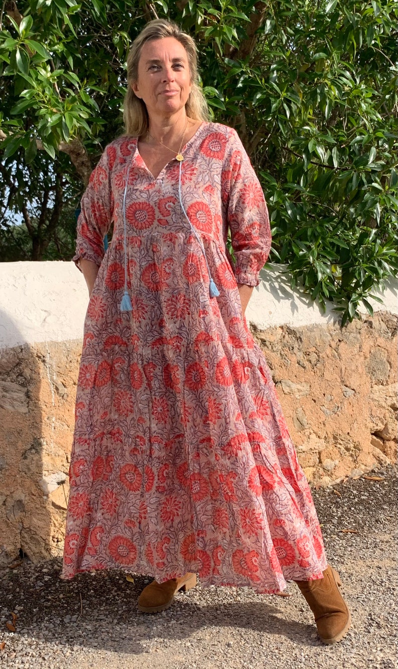 Boho Dress in joyful sunflower hand block print , organic soft cotton all sizes image 7