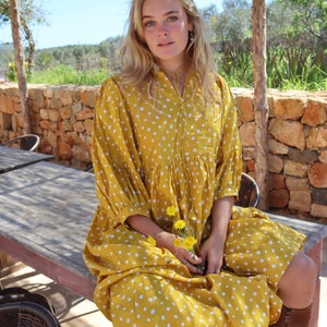 Yellow style boho beach fashion,maxi long bohemian dress made in hand block printed cotton ,sun flower print,plus size boho flower dress, image 4