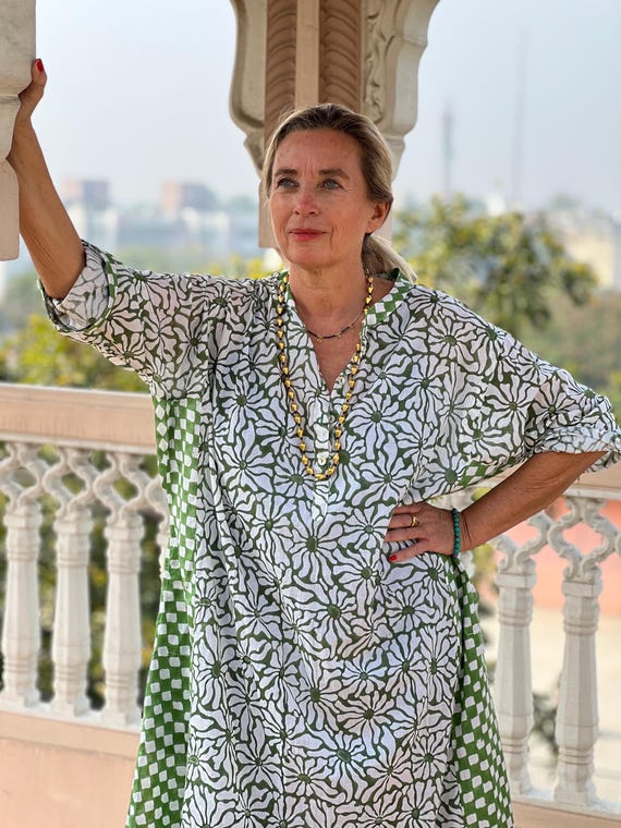 Boho Cotton Dress: Green Block Print, Handmade Organic Summer Dress
