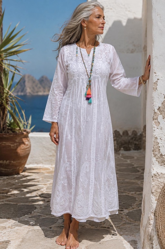 white boho tunic dress Cotton Dress: Ibiza Hand Embroidery Size:UK 10 / US 6 / EU 38