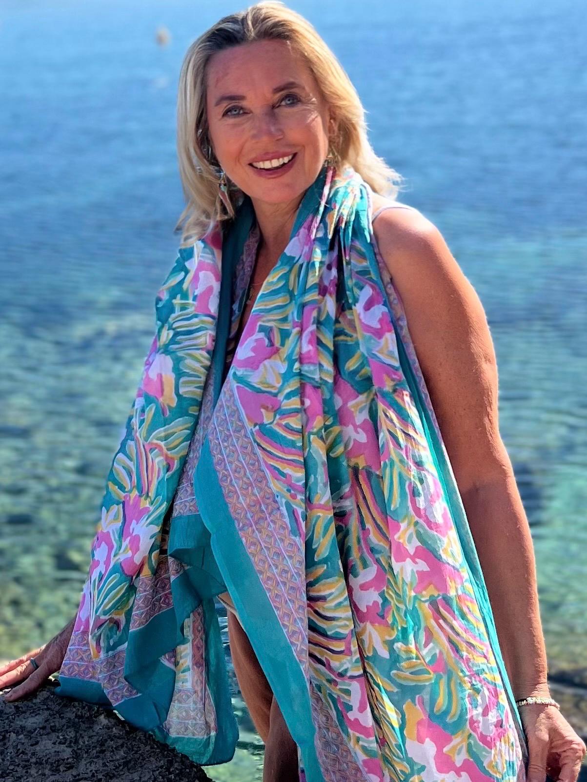 Big size Sarong -Pareo, shawl in bohemian natural flower hand block print organic cotton